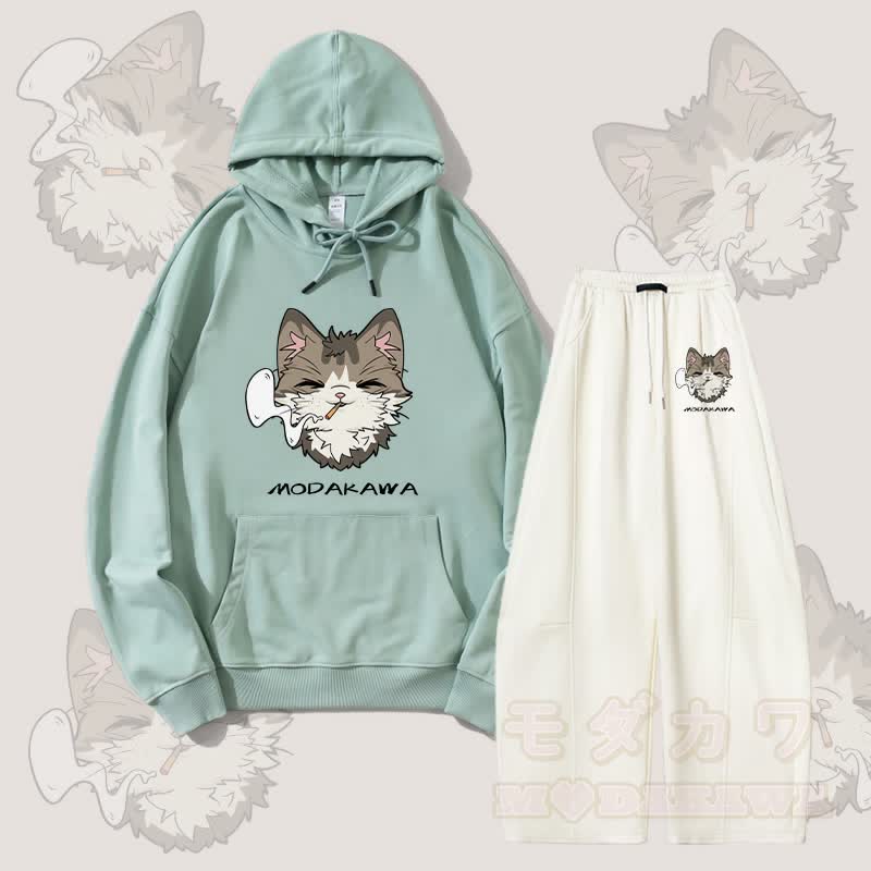 MODAKAWA スモーキングキャットグラフィックパーカー ワイドレッグパンツ 2点セット - グリーン＆ホワイト - 5XL - image 1