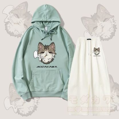 MODAKAWA スモーキングキャットグラフィックパーカー ワイドレッグパンツ 2点セット - グリーン＆ホワイト - 5XL - image 1