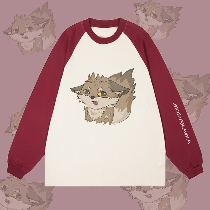 MODAKAWA グレーフォックス グラフィックカラーブロック ロングスリーブ Tシャツ - Wine Red&Apricot - 4XL - image 1