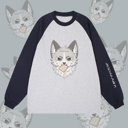 MODAKAWA シルバーフォックスグラフィックカラーブロックロングスリーブTシャツ - Purplish Blue&Grey - 4XL - image 1