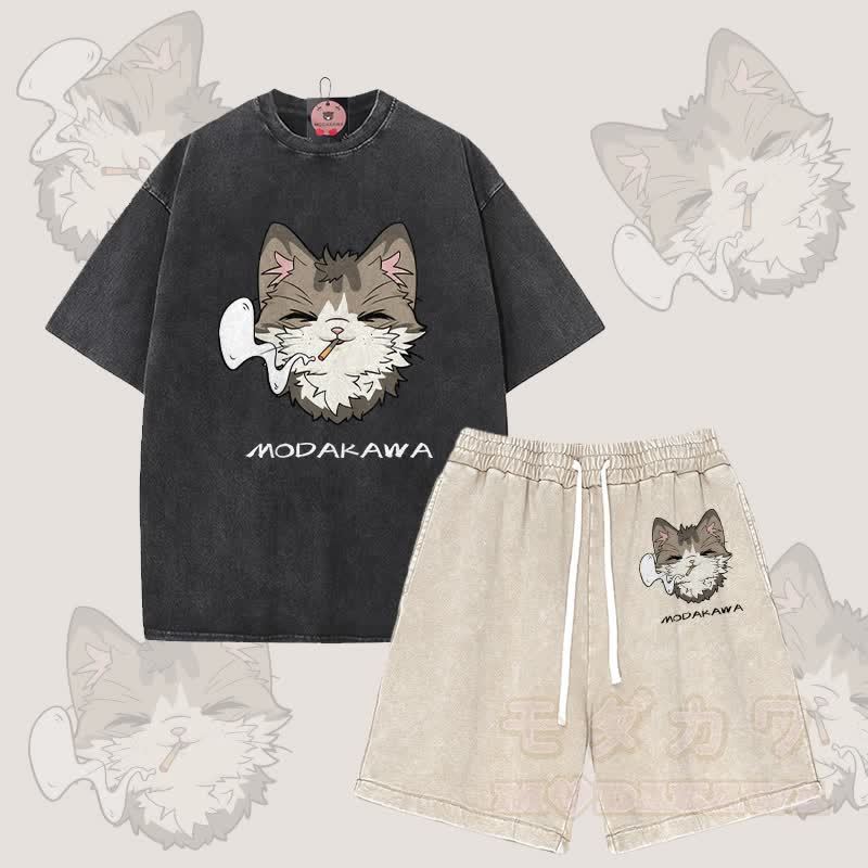 MODAKAWA スモーキングキャットグラフィック ヴィンテージウォッシュTシャツ ショーツ 2点セット - ブラック＆アプリコット - 3XL - image 2