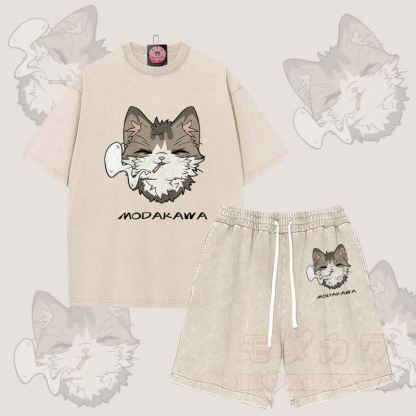 MODAKAWA スモーキングキャットグラフィック ヴィンテージウォッシュTシャツ ショーツ 2点セット - アプリコット - 3XL - image 9