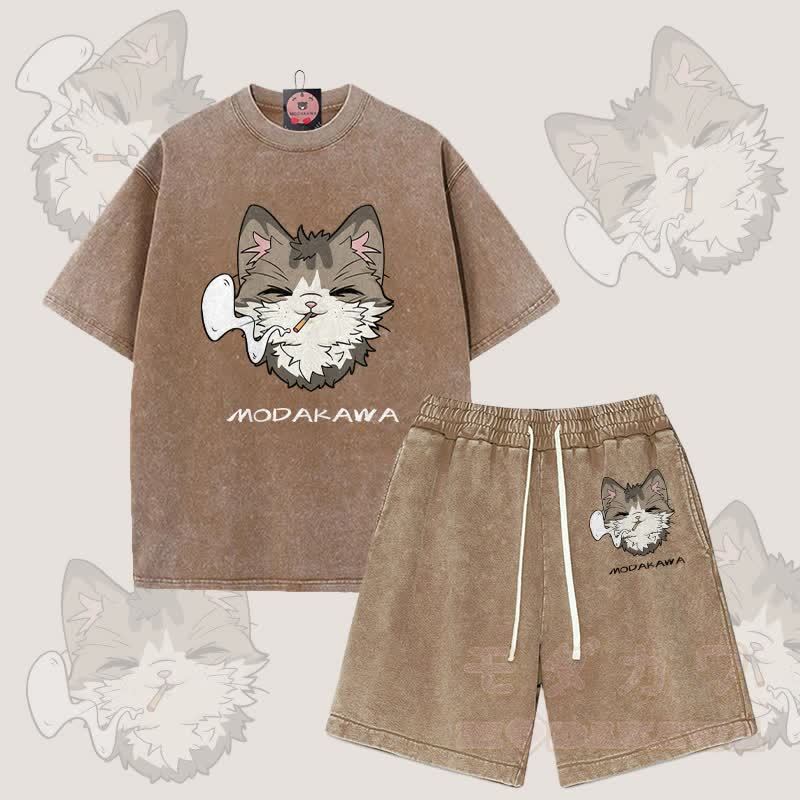 MODAKAWA スモーキングキャットグラフィック ヴィンテージウォッシュTシャツ ショーツ 2点セット - 茶色 - 3XL - image 6