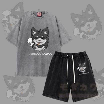 MODAKAWA スモーキングパピー グラフィック ヴィンテージウォッシュTシャツ ショーツ 2点セット - グレー＆ブラック - 3XL - image 2