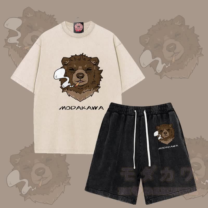 MODAKAWA スモーキングベアグラフィック ヴィンテージウォッシュTシャツ ショーツ 2点セット - アプリコット＆ブラック - 3XL - image 2