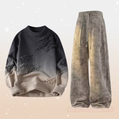 グラデーションニット リップドセーター フリース裏地パンツ ツーピース - セットB - 4XL - image 2