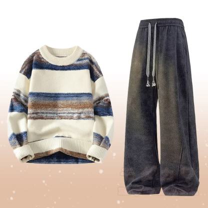 ストライプニットセーター フリース裏地パンツ ツーピース - セットB - 4XL - image 2