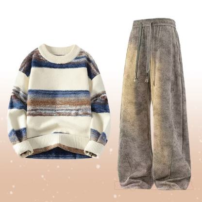 ストライプニットセーター フリース裏地パンツ ツーピース - セットA - 4XL - image 1