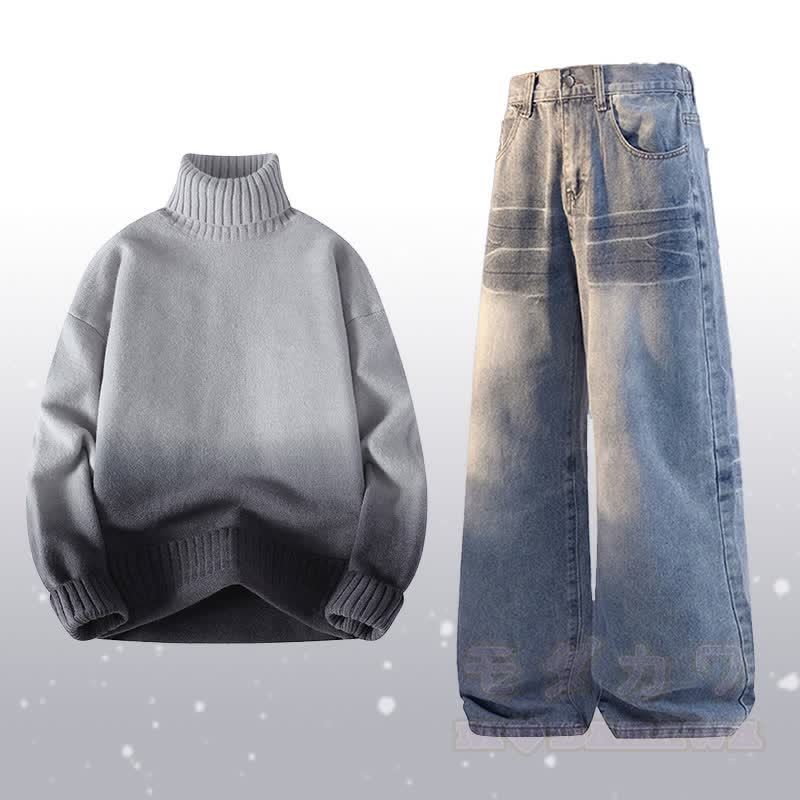 グラデーションニットタートルネックセーターデニムパンツツーピース - セットA - 3XL - image 1