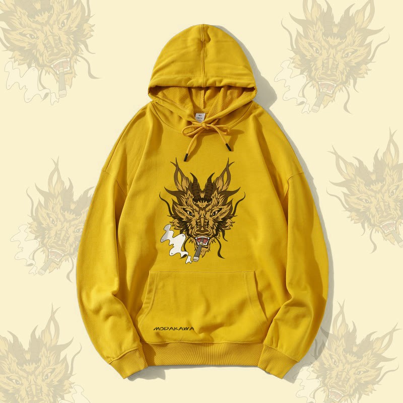 MODAKAWA スモーキングドラゴン グラフィック ストリートウェア プルオーバー パーカー - Yellow - 5XL - image 2