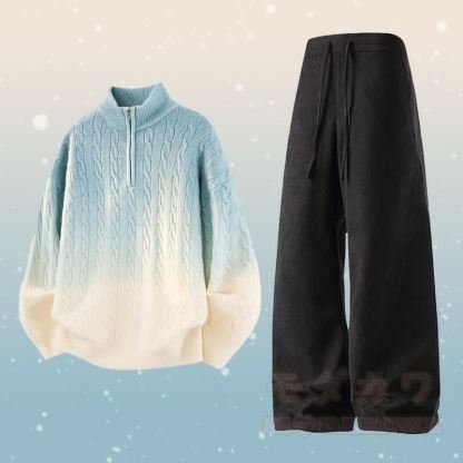 グラデーションニットハーフジップセーターコーデュロイパンツツーピース - セットB - 3XL - image 2