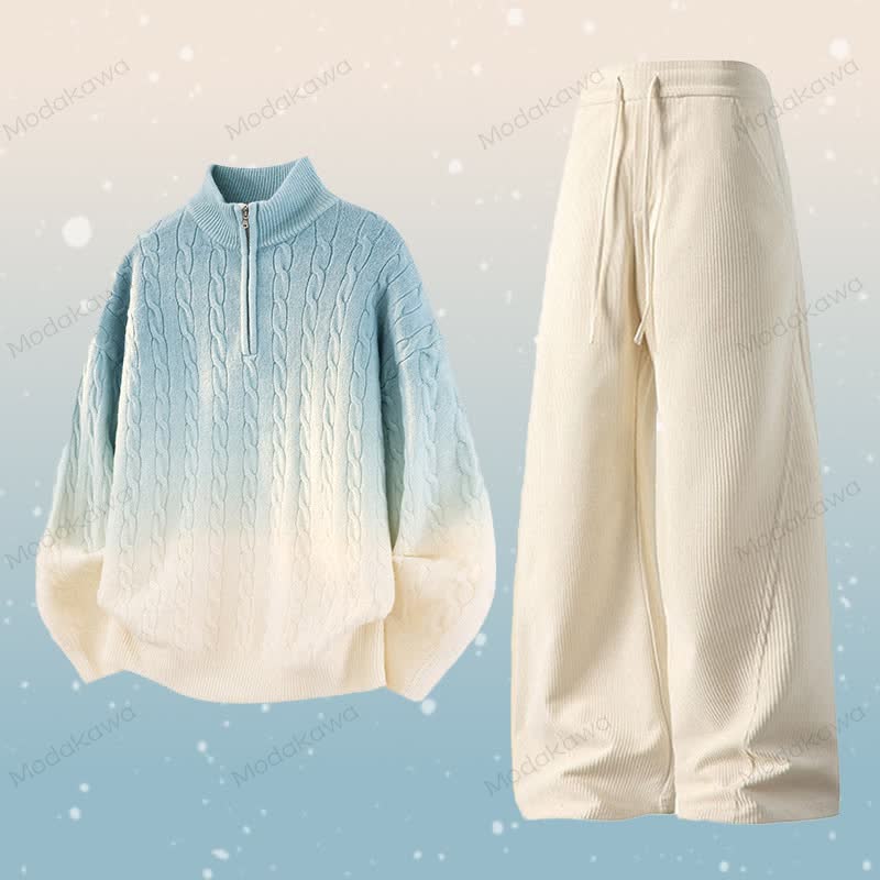 グラデーションニットハーフジップセーターコーデュロイパンツツーピース - セットA - 3XL - image 1