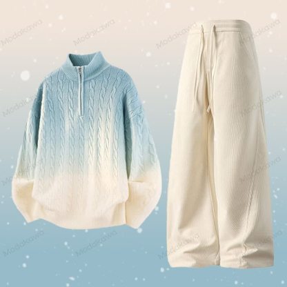 グラデーションニットハーフジップセーターコーデュロイパンツツーピース - セットA - 3XL - image 1