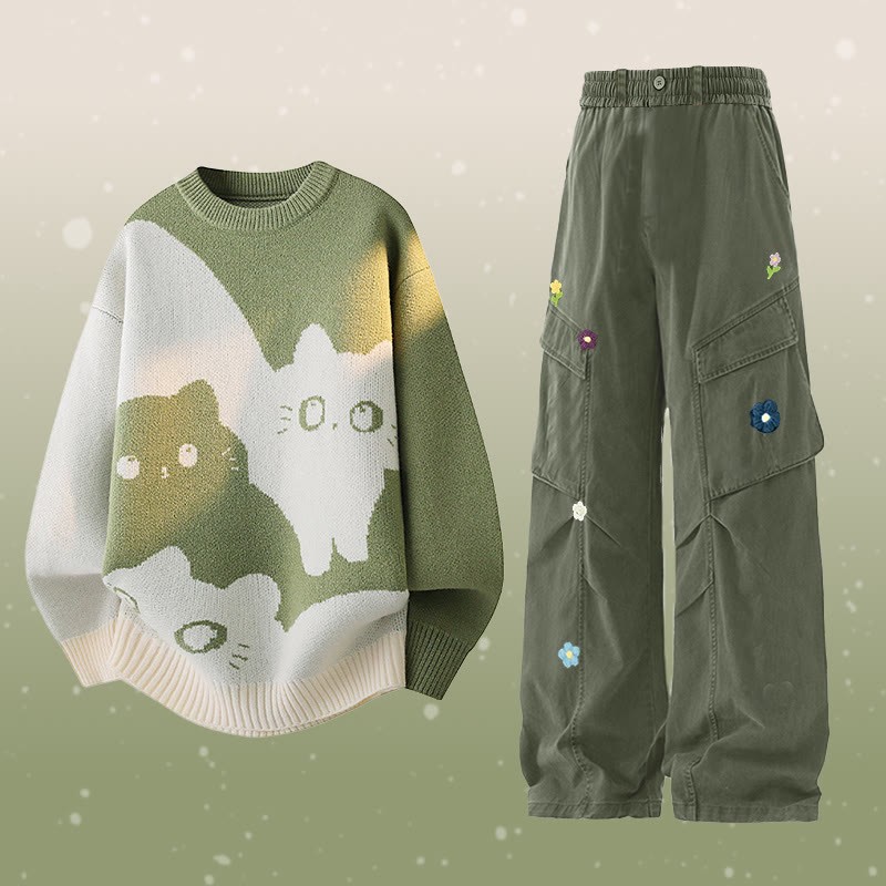 キティニットセーターフラワーカーゴパンツツーピース - Set A - 2XL - image 1