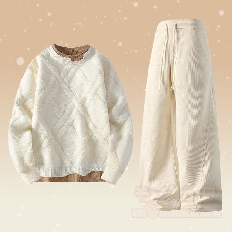 フェイクレイヤードニットセーター コーデュロイパンツ ツーピース - セットA - 4XL - image 1