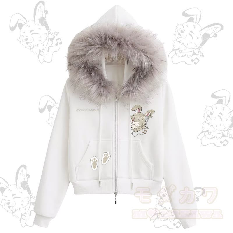 MODAKAWA チアフルナビバニーグラフィック フリース裏地 フェイクファートリム ジップアップパーカー - 白 - L - image 2