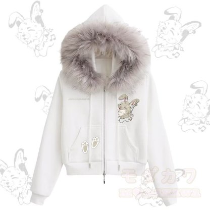 MODAKAWA チアフルナビバニーグラフィック フリース裏地 フェイクファートリム ジップアップパーカー - 白 - L - image 2