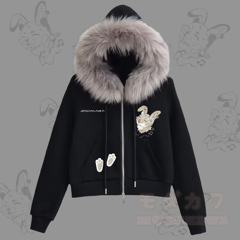 MODAKAWA チアフルナビバニーグラフィック フリース裏地 フェイクファートリム ジップアップパーカー - 黒 - L - image 1