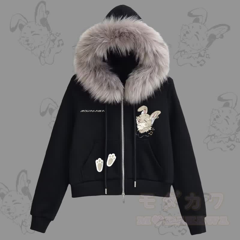 MODAKAWA チアフルナビバニーグラフィック フリース裏地 フェイクファートリム ジップアップパーカー - 黒 - L - image 1