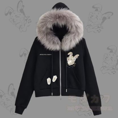 MODAKAWA チアフルナビバニーグラフィック フリース裏地 フェイクファートリム ジップアップパーカー - 黒 - L - image 1