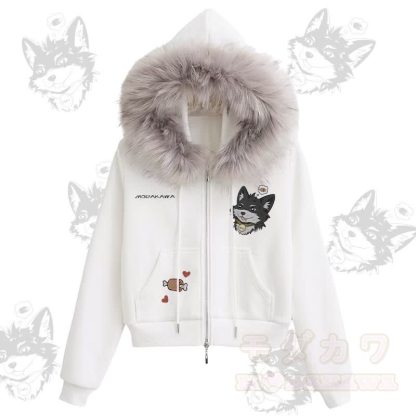 MODAKAWA 遊び心のあるコダ子犬のグラフィック フリース裏地 フェイクファートリム ジップアップパーカー - 白 - L - image 2