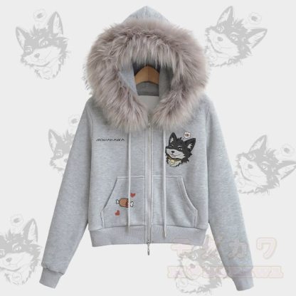 MODAKAWA 遊び心のあるコダ子犬のグラフィック フリース裏地 フェイクファートリム ジップアップパーカー - グレー - L - image 1