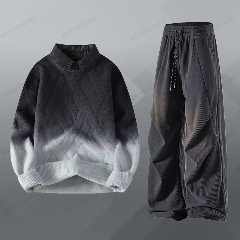 フェイクレイヤードニットセーター コーデュロイパンツ ツーピース - セットC - 3XL - image 3