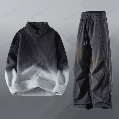 フェイクレイヤードニットセーター コーデュロイパンツ ツーピース - セットC - 3XL - image 3