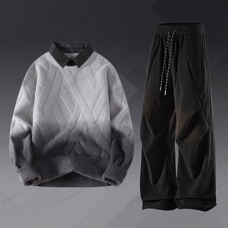 フェイクレイヤードニットセーター コーデュロイパンツ ツーピース - セットB - 3XL - image 2