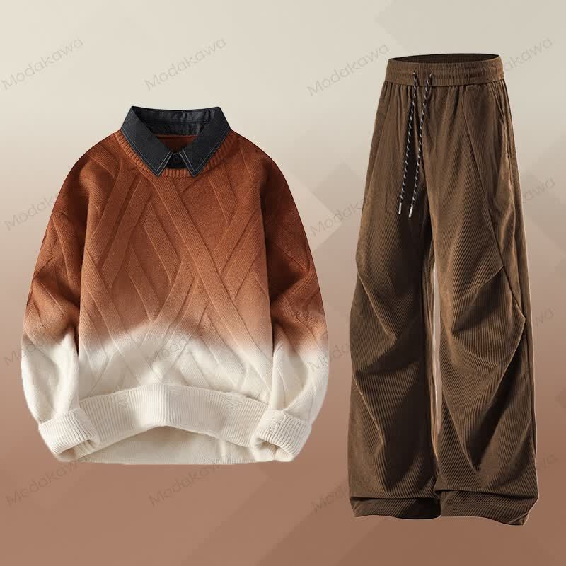 フェイクレイヤードニットセーター コーデュロイパンツ ツーピース - セットE - 3XL - image 5