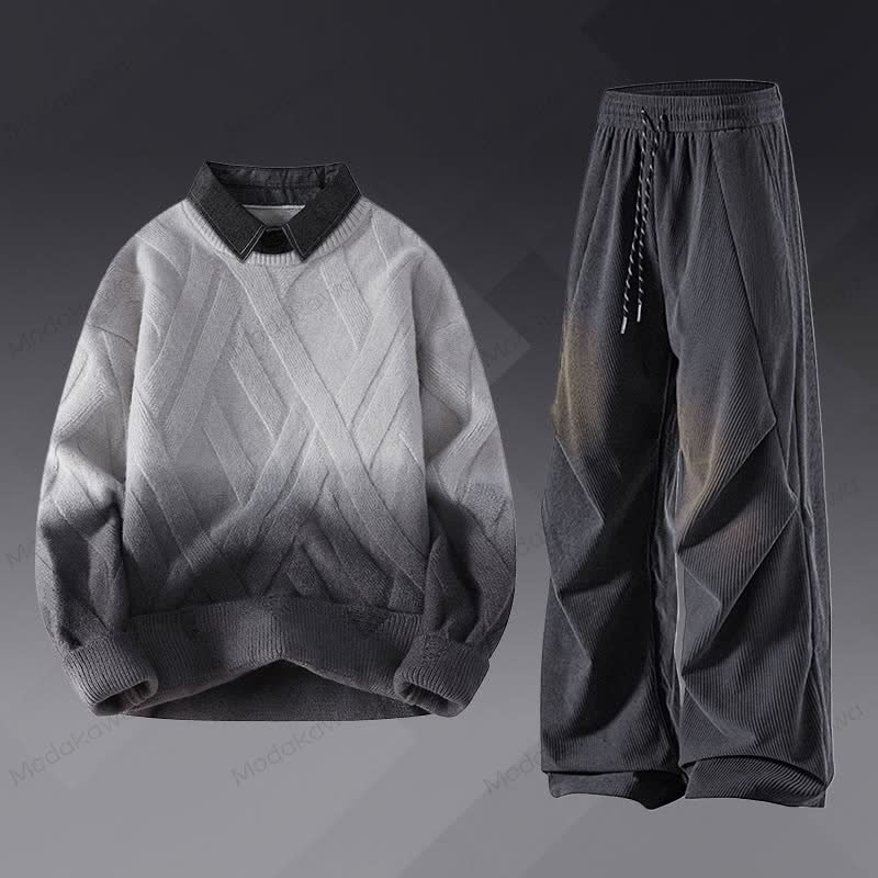 フェイクレイヤードニットセーター コーデュロイパンツ ツーピース - セットA - 3XL - image 1