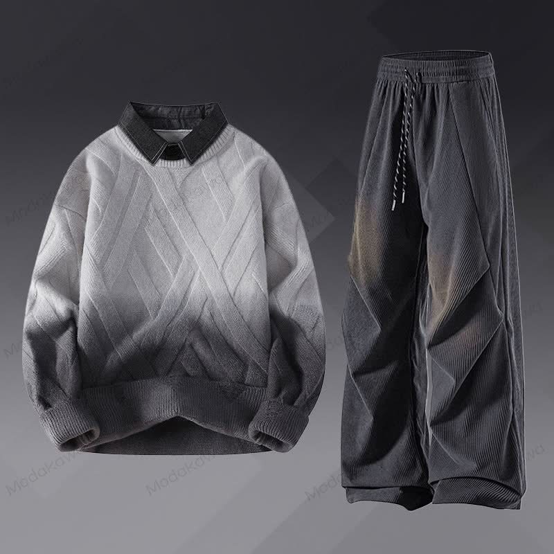 フェイクレイヤードニットセーター コーデュロイパンツ ツーピース - セットA - 3XL - image 1