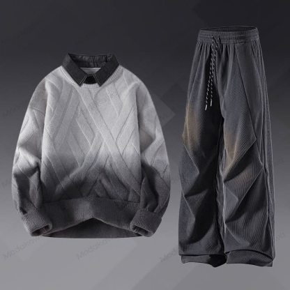 フェイクレイヤードニットセーター コーデュロイパンツ ツーピース - セットA - 3XL - image 1