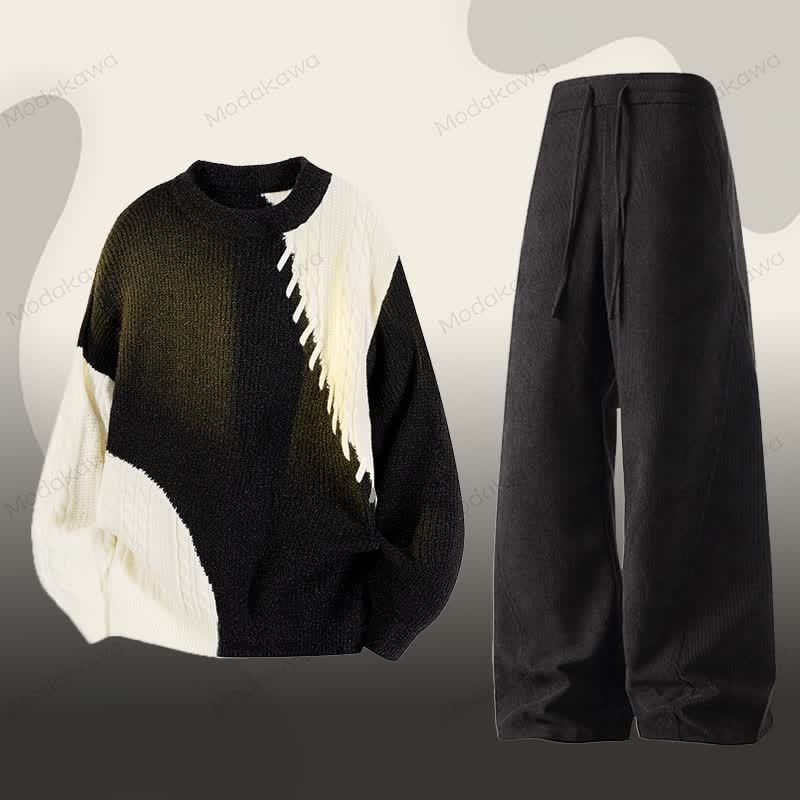 ニットカラーブロックセーター コーデュロイパンツ ツーピース - セットB - 3XL - image 2