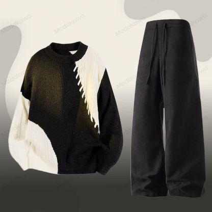 ニットカラーブロックセーター コーデュロイパンツ ツーピース - セットB - 3XL - image 2