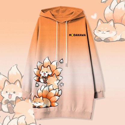 MODAKAWA グラデーション 九尾の狐 フード付き スウェットシャツ ワンピース サイドポケット付き - Orange - 4XL - image 1