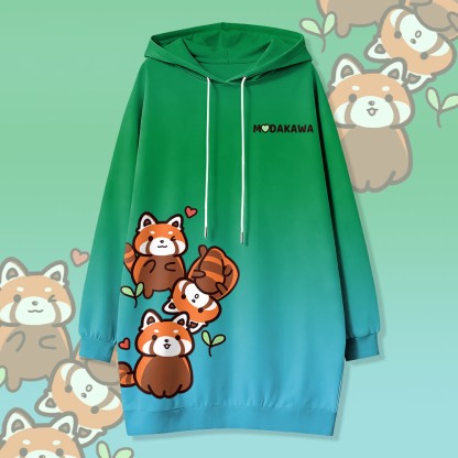 MODAKAWA グラデーション レッサーパンダ フード付き スウェットシャツ ドレス サイドポケット付き - Green - 4XL - image 1