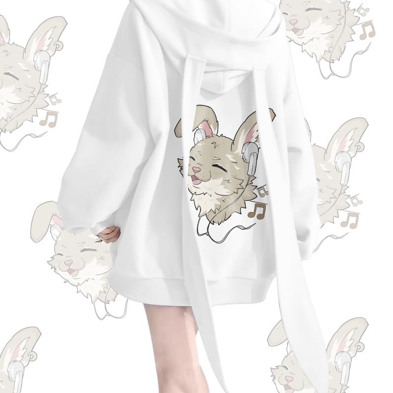 MODAKAWA ナビ 音楽を聴くグラフィック ロング ウサギ耳 ポケット ジッパー フード付き スウェットシャツ - White - 2XL - image 3