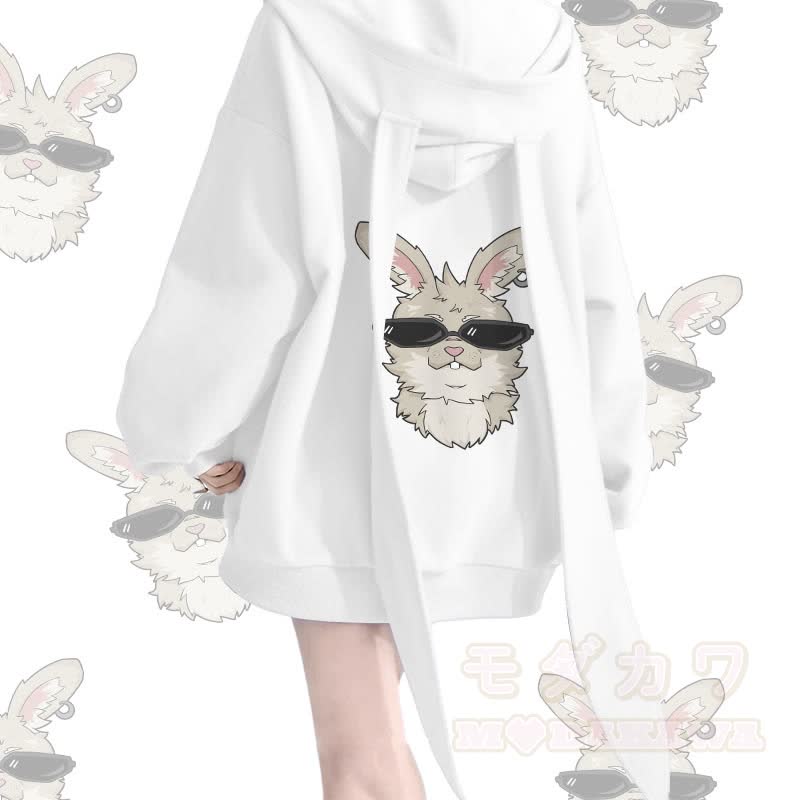 MODAKAWA クールナビグラフィック ロング バニーイヤー ポケット ジッパー フード付き スウェットシャツ - 白 - 2XL - image 4