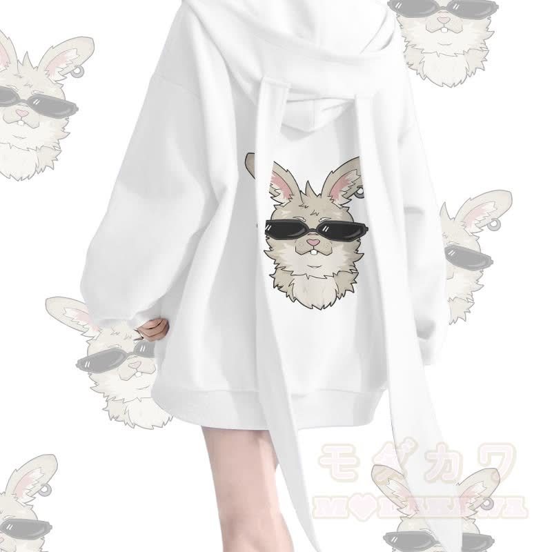 MODAKAWA クールナビグラフィック ロング バニーイヤー ポケット ジッパー フード付き スウェットシャツ - 白 - 2XL - image 4