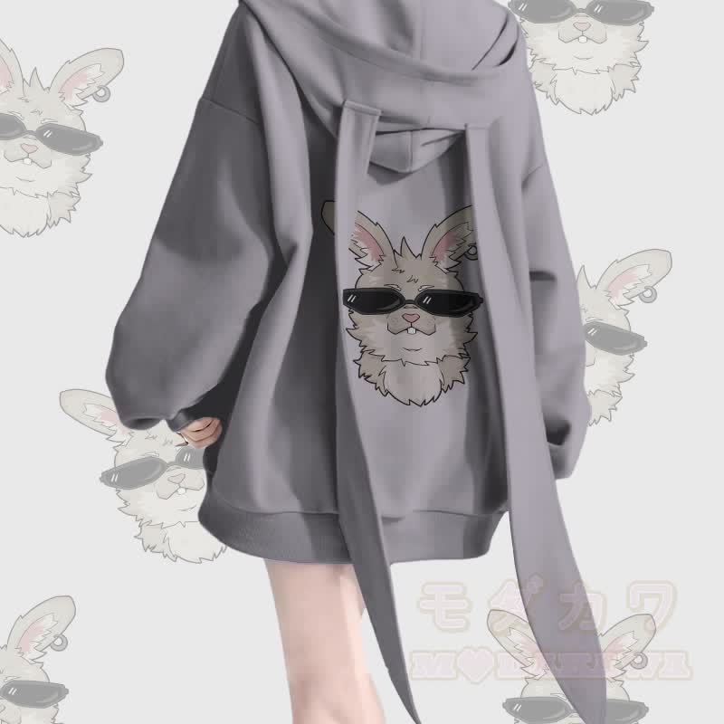 MODAKAWA クールナビグラフィック ロング バニーイヤー ポケット ジッパー フード付き スウェットシャツ - グレー - 2XL - image 1