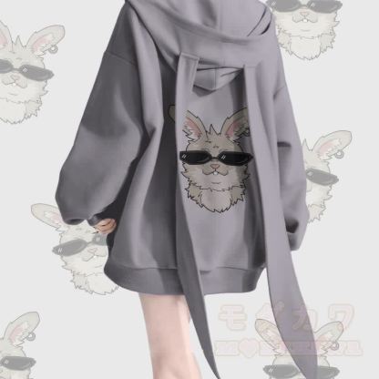 MODAKAWA クールナビグラフィック ロング バニーイヤー ポケット ジッパー フード付き スウェットシャツ - グレー - 2XL - image 1