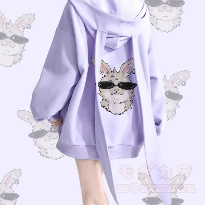 MODAKAWA クールナビグラフィック ロング バニーイヤー ポケット ジッパー フード付き スウェットシャツ - 紫 - 2XL - image 3