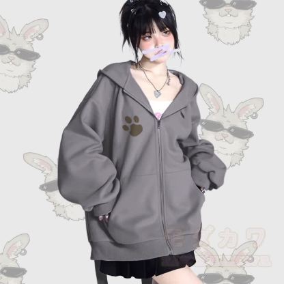 MODAKAWA クールナビグラフィック ロング バニーイヤー ポケット ジッパー フード付き スウェットシャツ - image 2