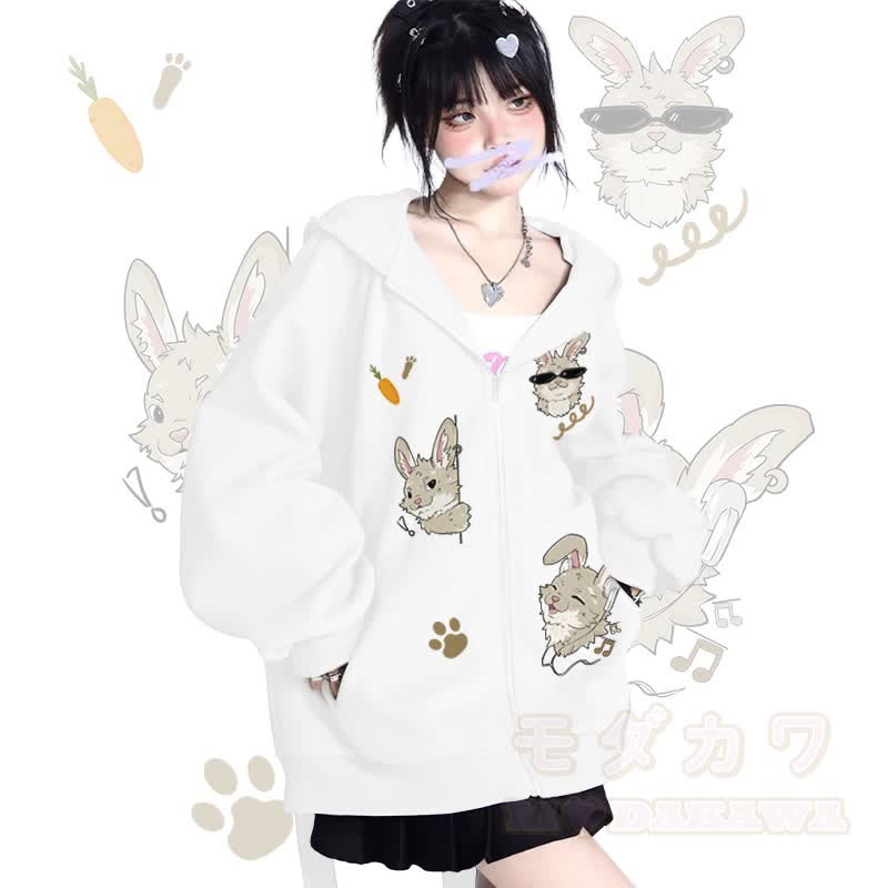 MODAKAWA 遊び心のあるナビグラフィック ロング バニー耳 ポケット ジッパー フード付き スウェットシャツ - 白 - 2XL - image 2