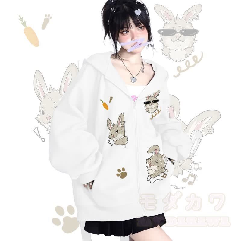 MODAKAWA 遊び心のあるナビグラフィック ロング バニー耳 ポケット ジッパー フード付き スウェットシャツ - 白 - 2XL - image 2