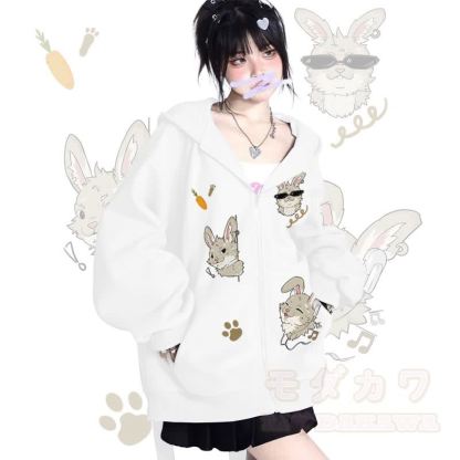 MODAKAWA 遊び心のあるナビグラフィック ロング バニー耳 ポケット ジッパー フード付き スウェットシャツ - 白 - 2XL - image 2