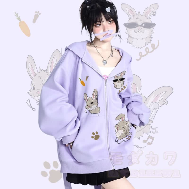 MODAKAWA 遊び心のあるナビグラフィック ロング バニー耳 ポケット ジッパー フード付き スウェットシャツ - 紫 - 2XL - image 1