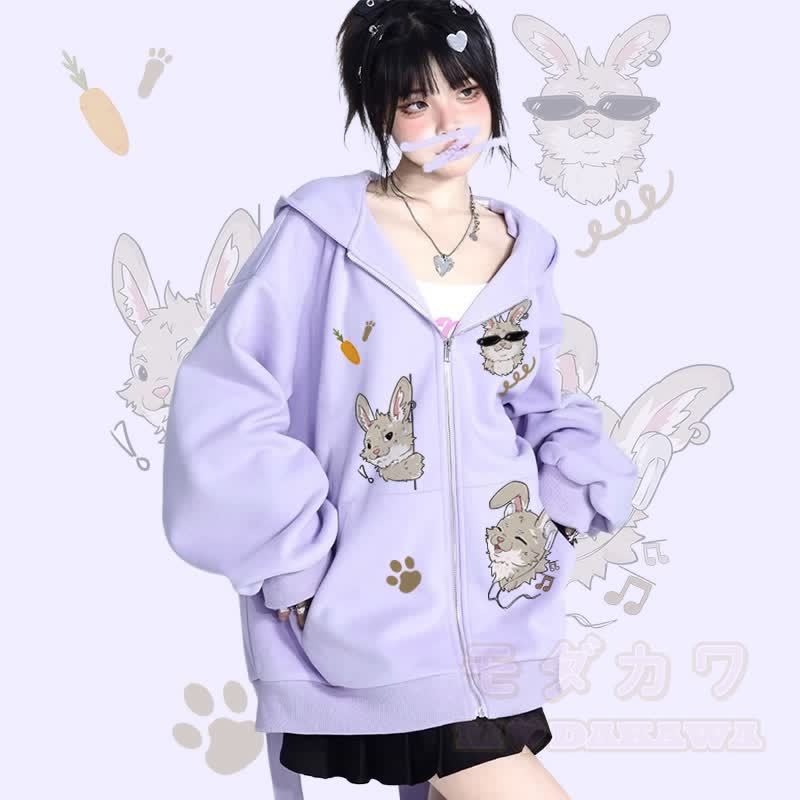 MODAKAWA 遊び心のあるナビグラフィック ロング バニー耳 ポケット ジッパー フード付き スウェットシャツ - 紫 - 2XL - image 1