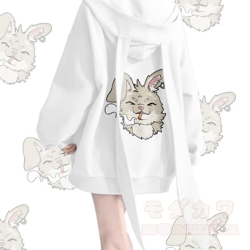 MODAKAWA ナビ スモーキンググラフィック ロング バニーイヤー ポケット ジッパー フード付き スウェットシャツ - 白 - 2XL - image 4